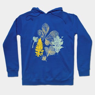 forest leaves gelli print - blue-yellow Hoodie